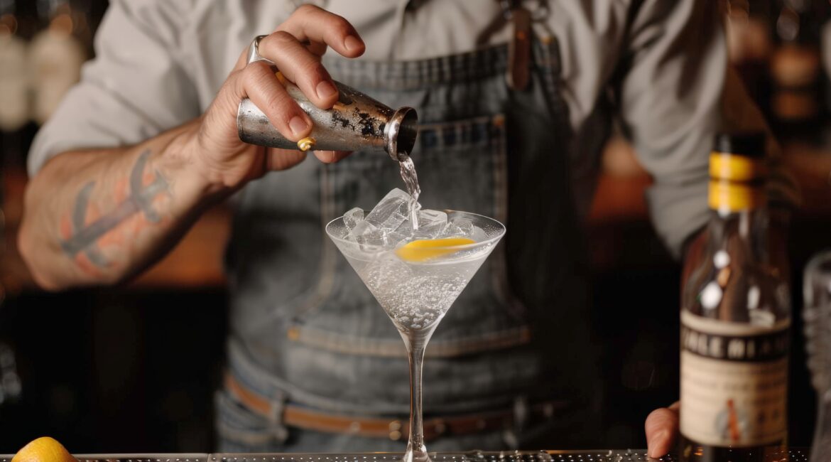 Un mixologist che mescola un martini classico con ghiaccio. Scopri i migliori locali notturni a Roma.